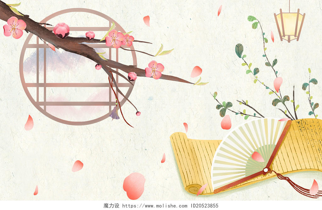 中国传统风格之桃花盛开原创插画素材